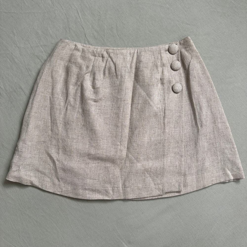 Vintage 90s M Flax Linen Wrap Style Button Closure Mini Skirt Classic Chic Beige